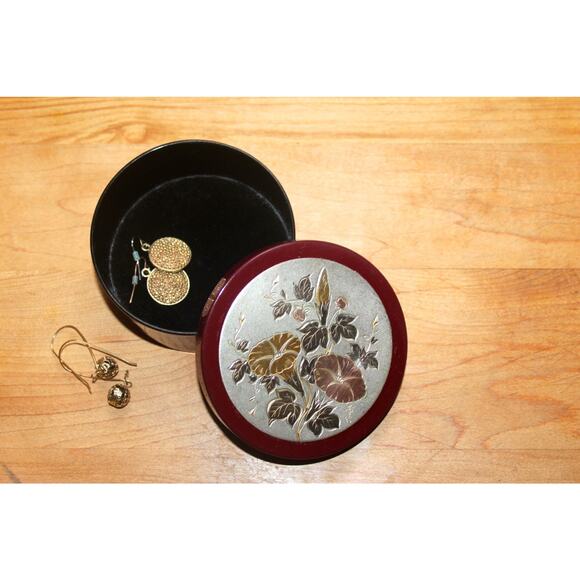 Asian-Inspired Maroon Acrylic Circular Box Trinket Jewelry Catch All - Picture 4 of 5